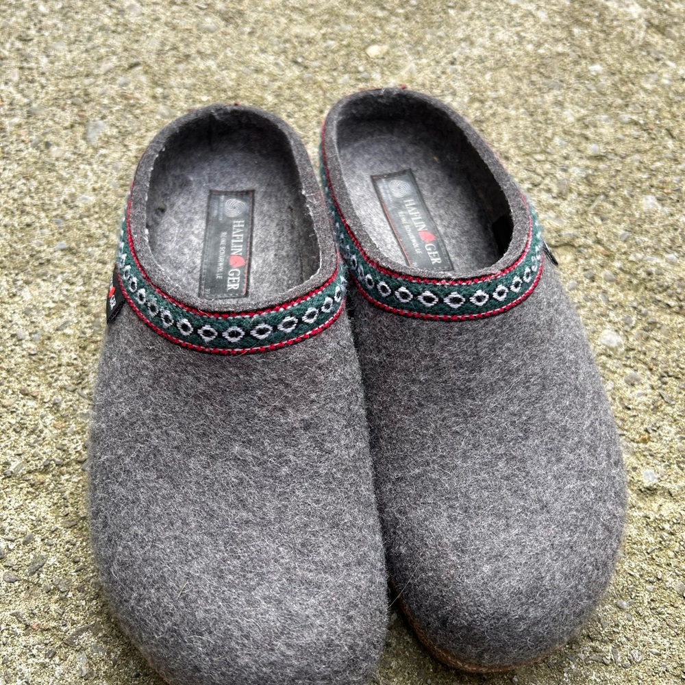 Haflinger Gray Wool Mules with Patterned Trim